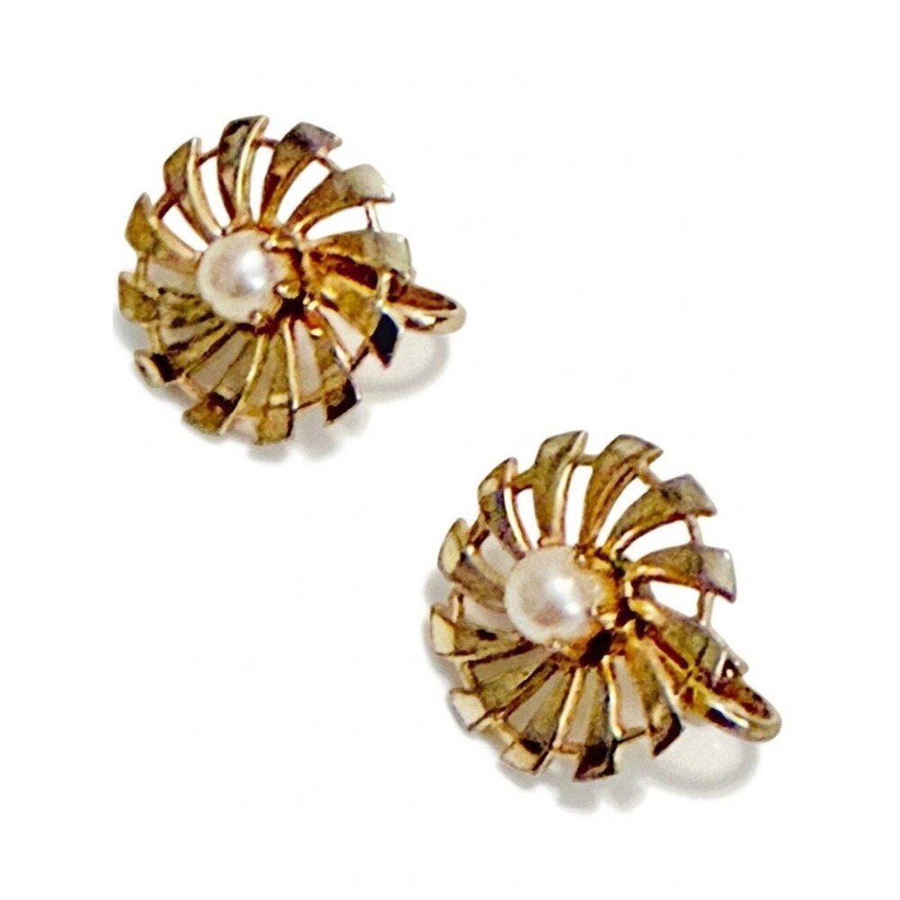 Vintage Gold Tone Sunburst Swirl Pearl Clip-On Earrings Retro Pinwheel